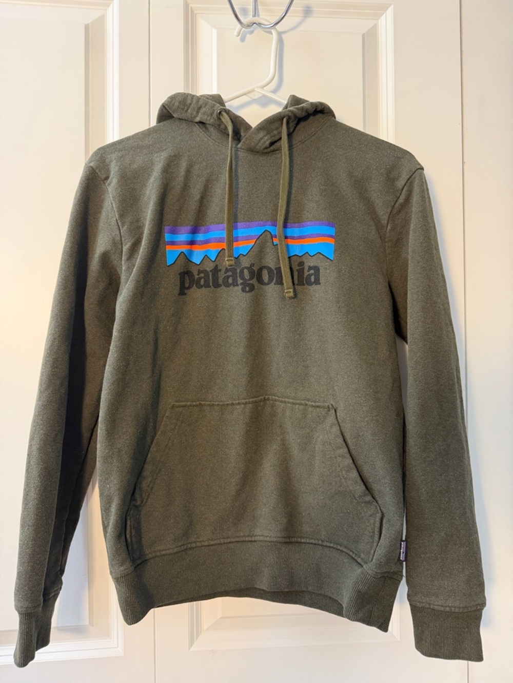 Patagonia Olive Green Logo Pullover with Blue & Purple Stripes